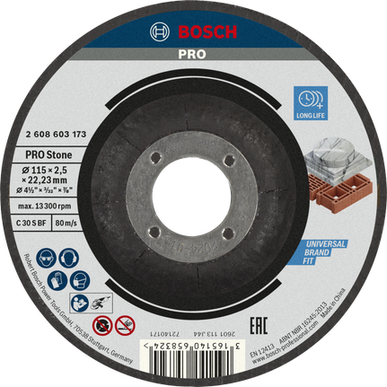 Disco de corte de piedra Bosch PRO de 115 mm para un corte de piedra duradero.